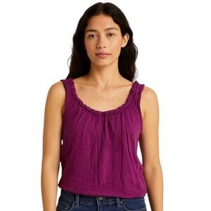 Ann Taylor LOFT Petites Purple Ruffle Neck Sleeveless Tank Top Rayon Tencel